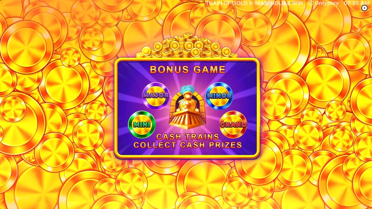 Kereta emas dan simbol Natal dalam slot Train of Gold X-Mas