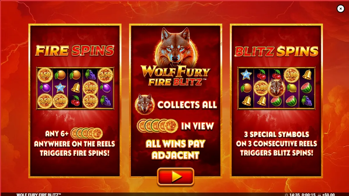 Tampilan visual slot Wolf Fury Fire Blitz dengan simbol buah dan serigala.